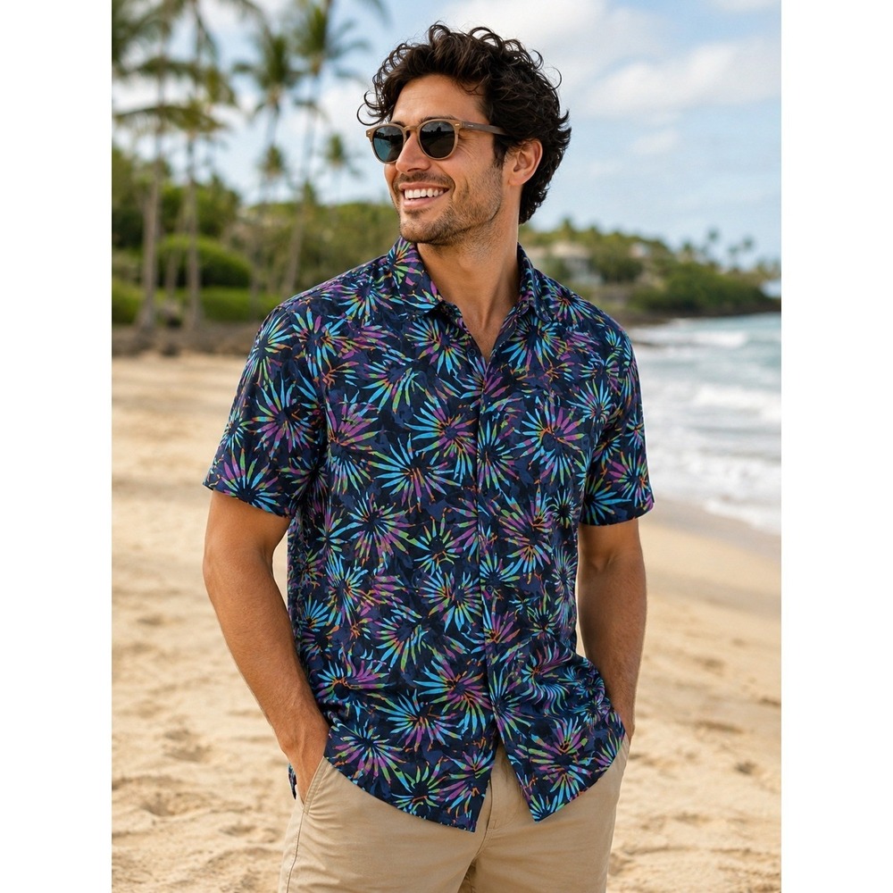 Molokai Surf Co Retro Leaves Stretch Button Up Shirt Retro MCM Vibes Quick Dry